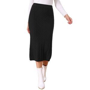 Ribbed Knit Midi Elastic High Waist Pencil Casual Sweater Skirt Black